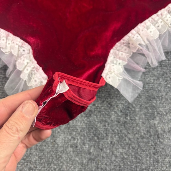 Red Velour Strappy Lingerie Bodysuit Santa Bunny Christmas White lace sz: Medium - Picture 5 of 7